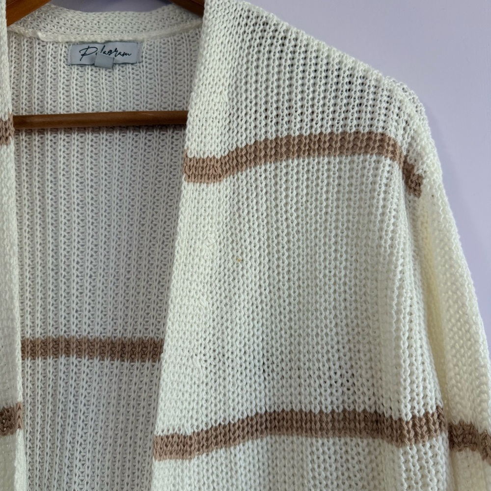 Polagram Cream and Tan Open-Knit Striped Cardigan